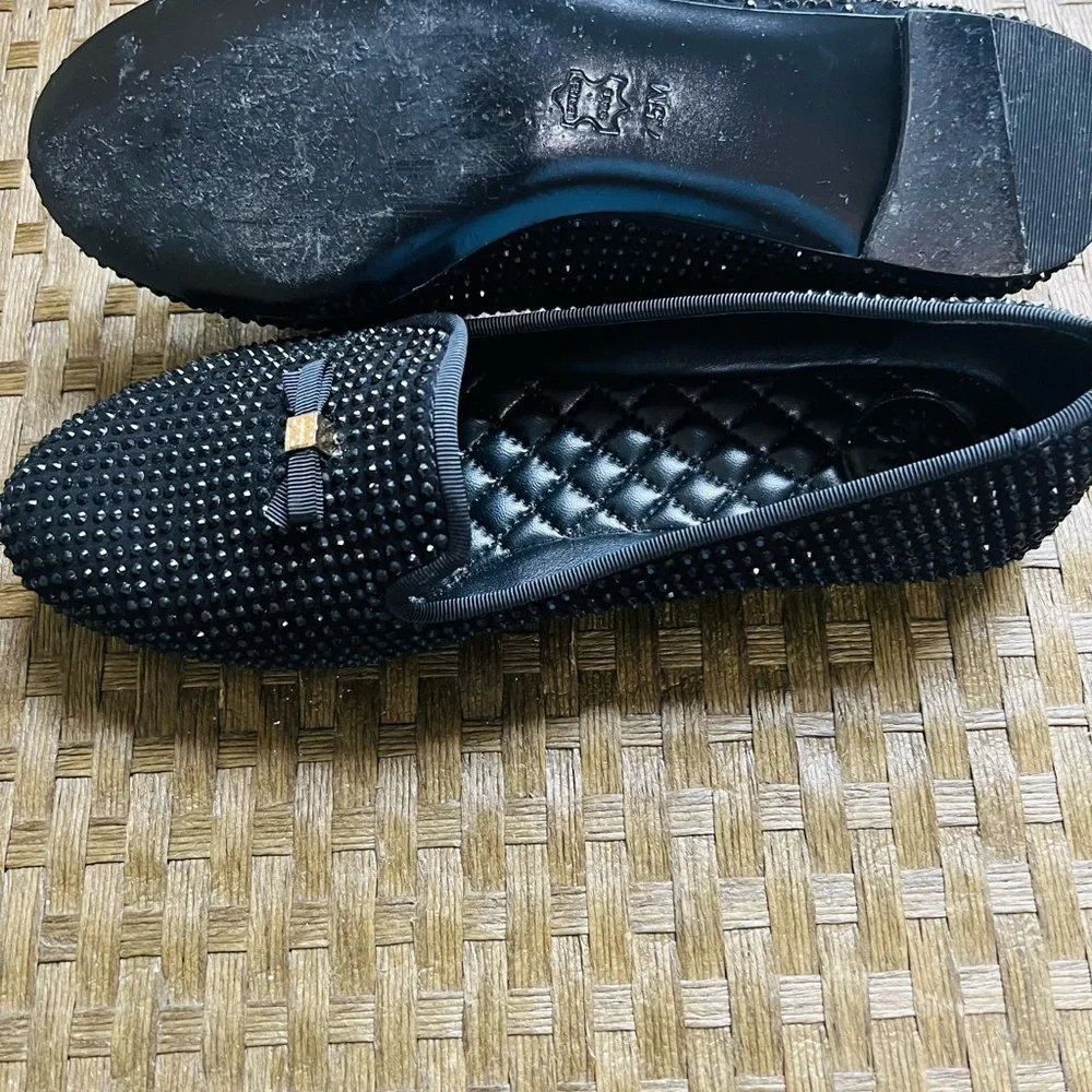 Tory Burch Black Studded Loafers with Gold Bow
